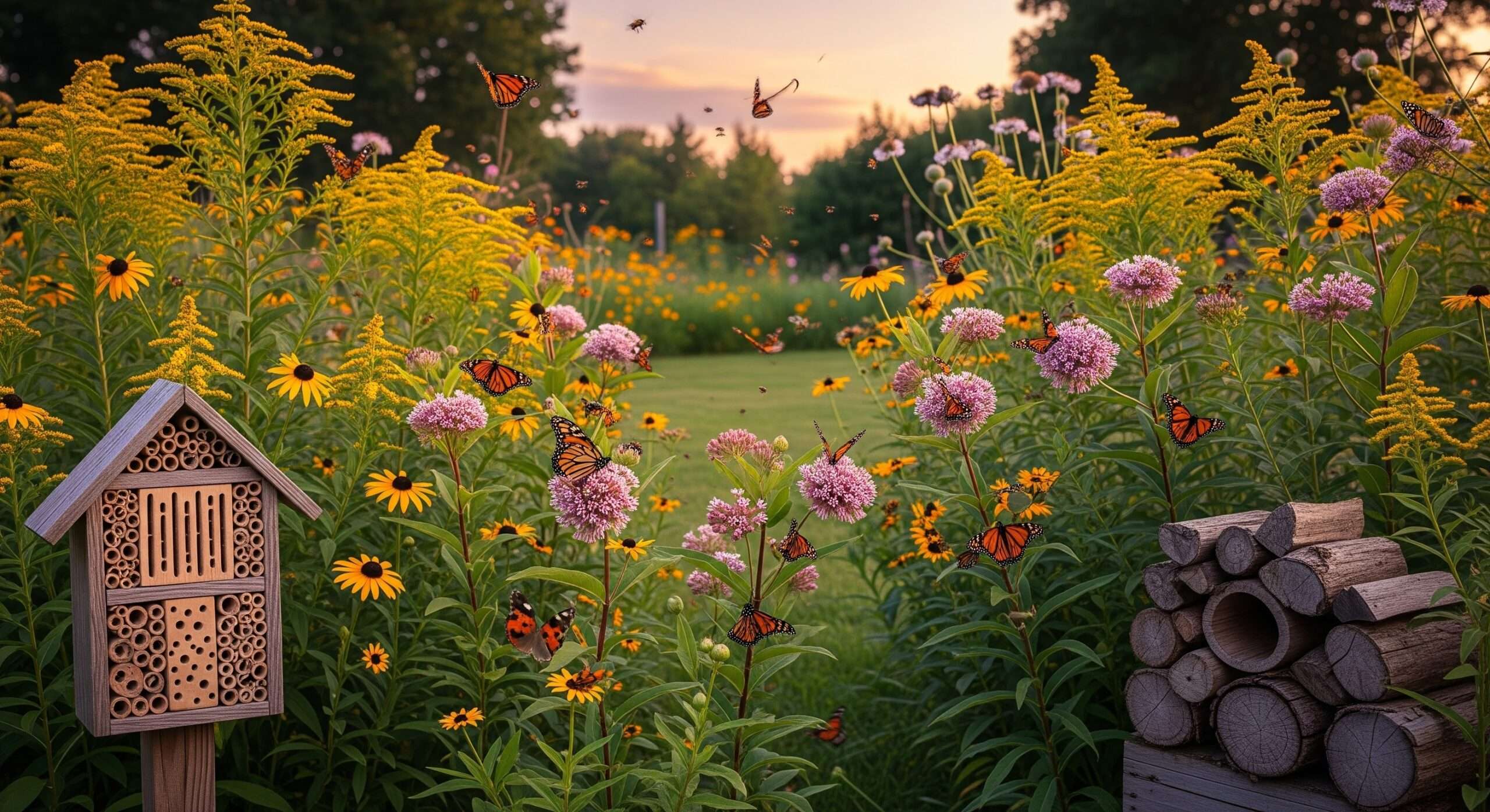 Evolving pollinator yard with self-seeded natives and butterflies – natural succession in lawn to garden transformation