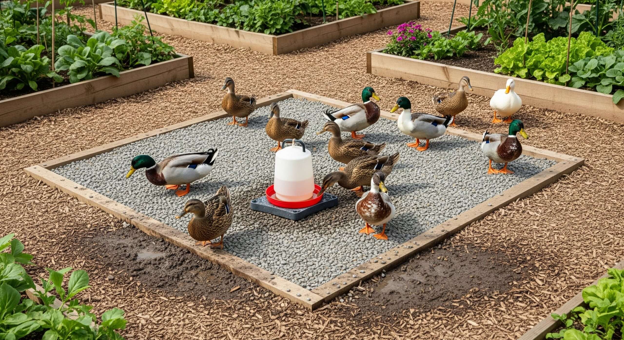 Ducks in garden with gravel pad and waterer – managing mess for slug control