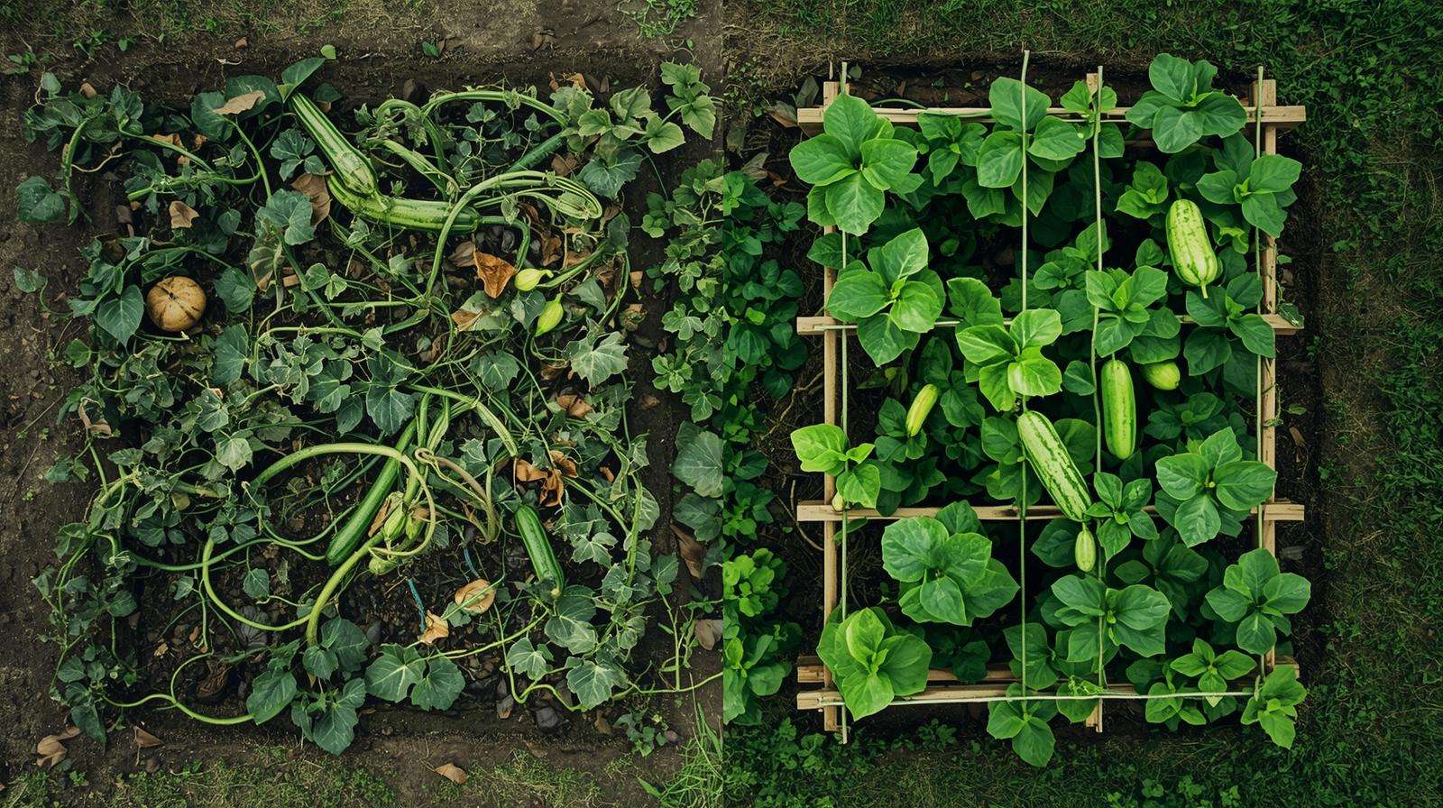 Before-and-after training cucumbers to climb — ground sprawl vs vertical trellis for doubled yields.