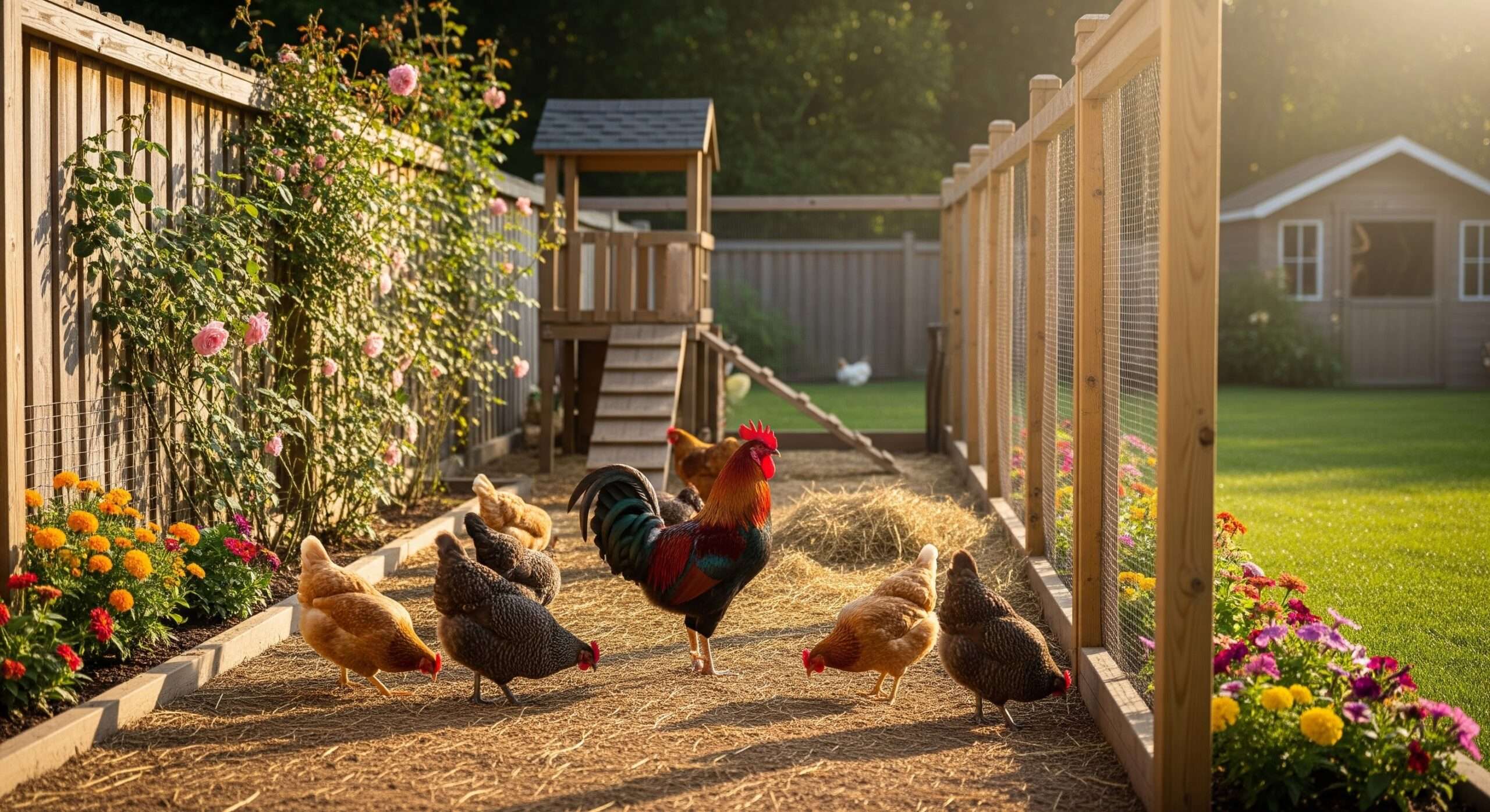 Gentle rooster with hens in backyard – safe management for family chicken pets