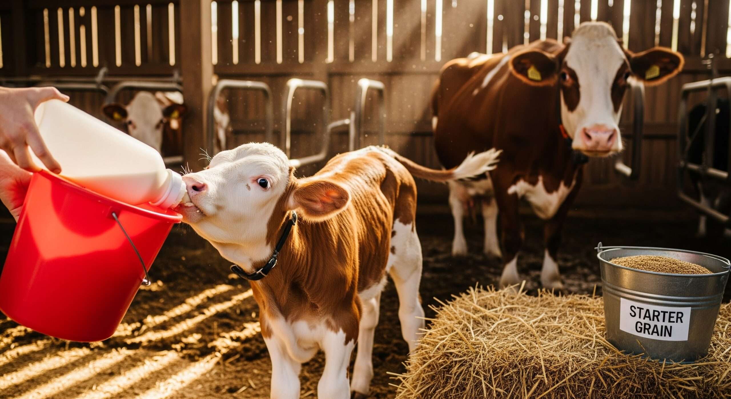 Newborn calf bottle-feeding in homestead barn – calf rearing plans for family cow