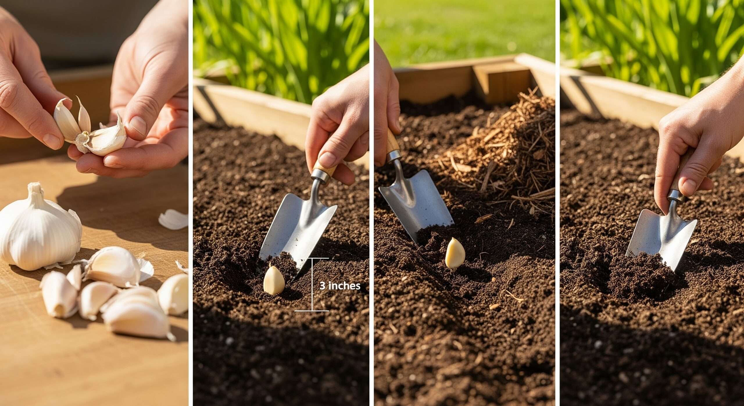 Hands planting garlic clove in soil – step-by-step depth and technique for success
