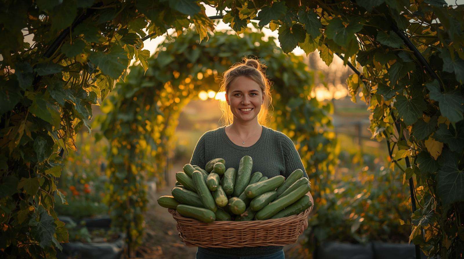 Abundant harvest from perfectly spaced cucumber trellis — how many cucumbers per trellis delivers 85+ lb of clean fruit.