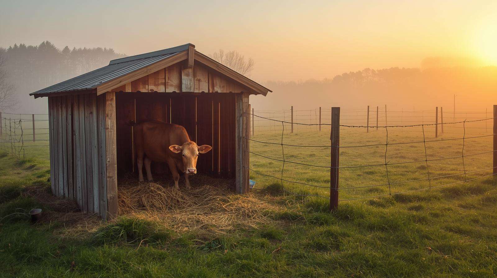 Simple shelter and pasture setup for a gentle family milk cow on a homestead.