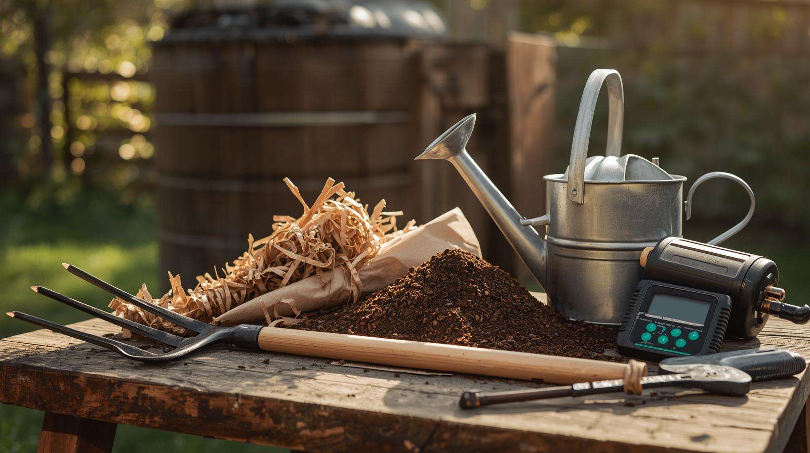 Composting tools and materials for fast or slow methods maintenance tips.