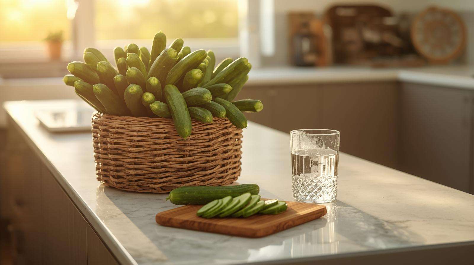 Fresh harvest from training cucumbers to climb — clean, abundant cucumbers ready for eating.