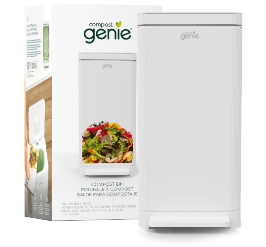 Kitchen Compost Bin, White Stainless-Steel Large, 3.6 Gallon, Indoor Odorless Composting, Hands-Free, Washable Parts, Includes 8 Tear-Off Compostable Bags and 4 Carbon Filters