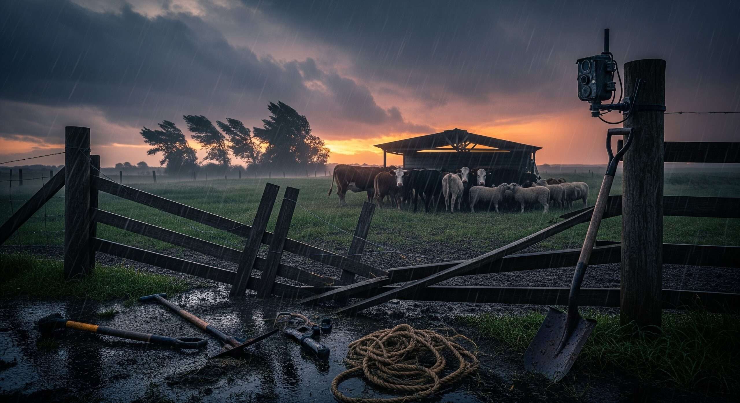 Stormy homestead with broken fence and trail camera – emergency risks for farm animals left alone