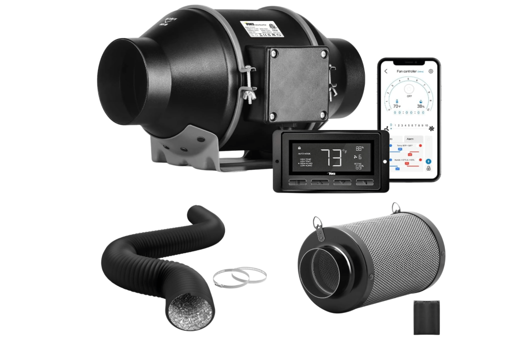 iPower 4" Smart Inline Duct Fan with Humidity Temperature Control via Bluetooth and WiFi App, Hook Designed Air Carbon Filter with 8 Ft Al Dryer Ducting, HVAC for Grow Tent Ventilation
