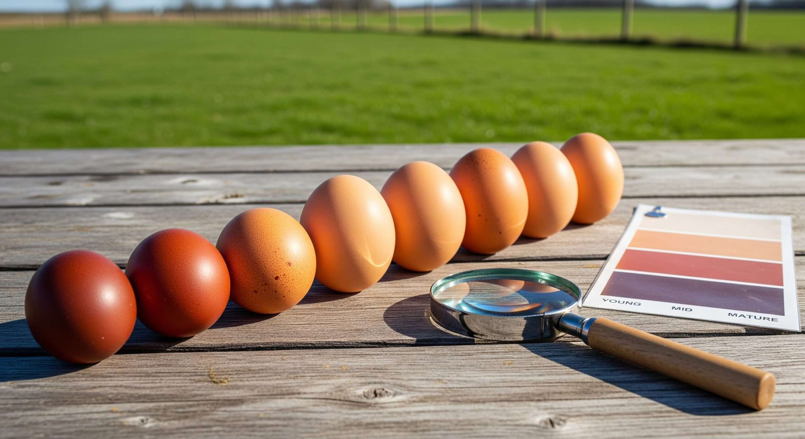Eggs from same hen showing age-related color fade – from dark to light shells over time