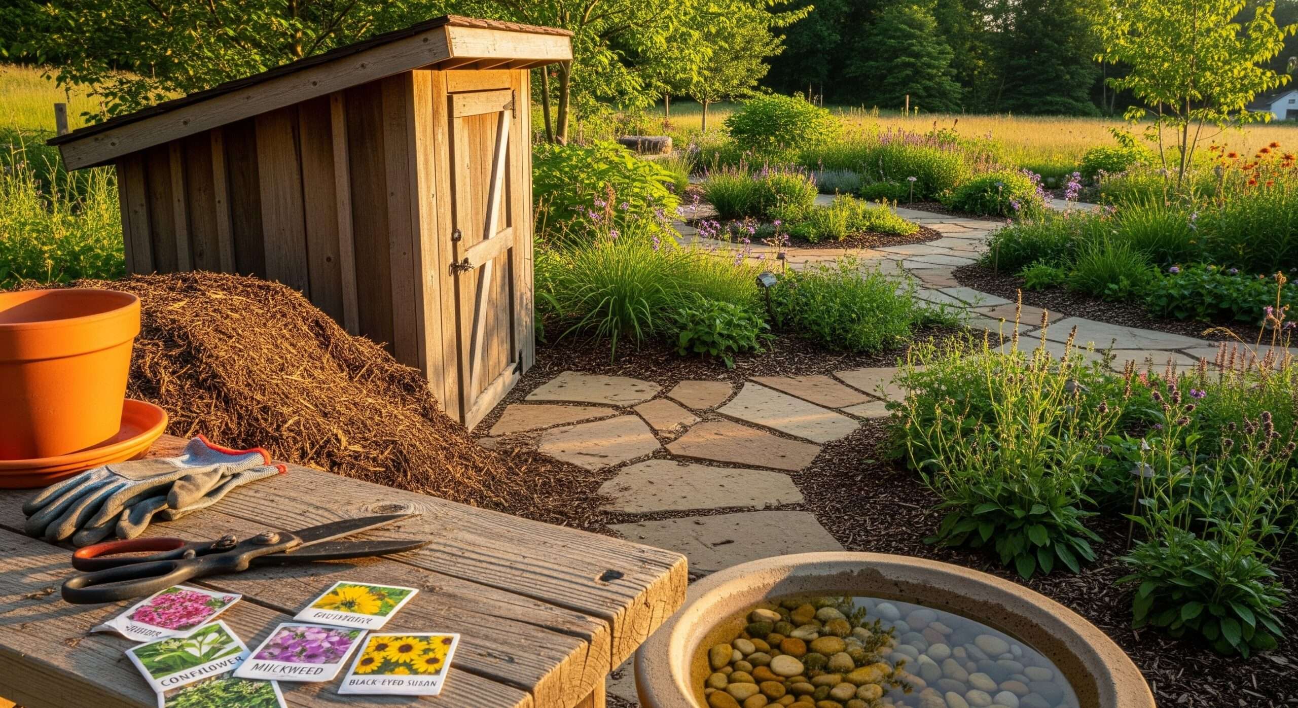 Tools and mulch for long-term pollinator garden maintenance – sustaining turned lawn into native habitat