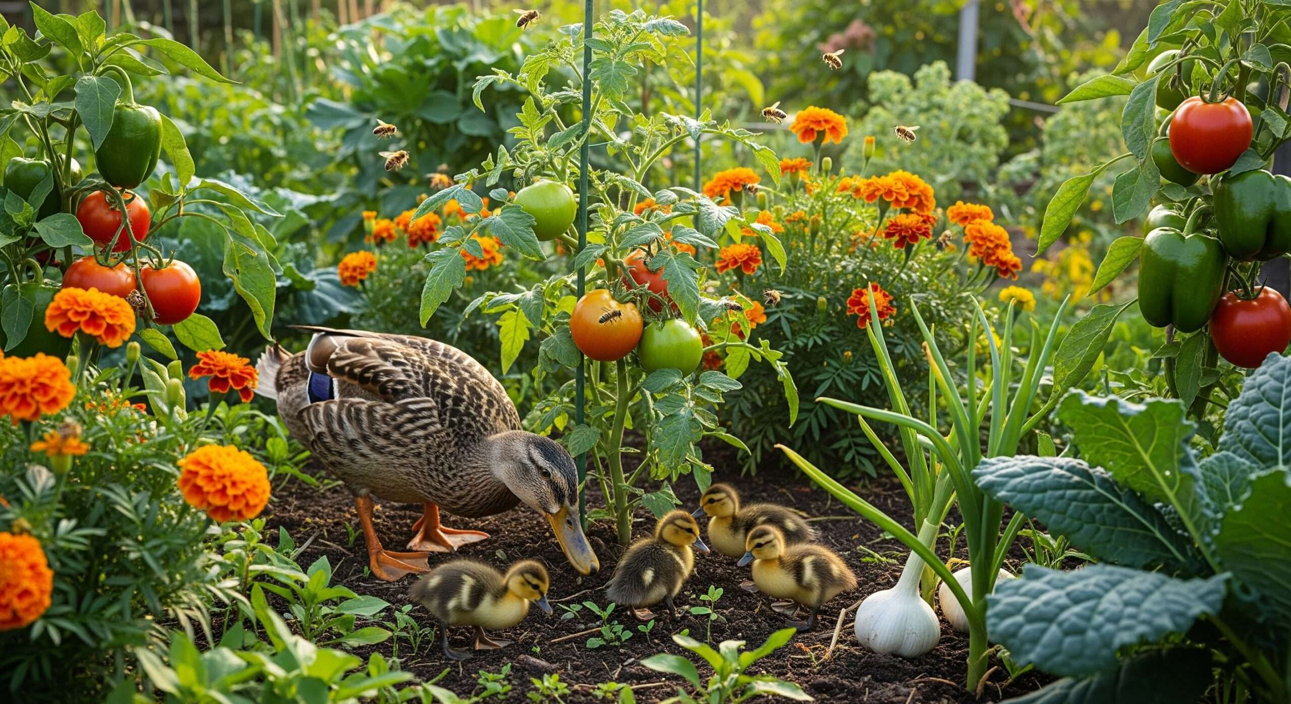 Ducks in organic garden with plants and pollinators – ecosystem balance for slug control