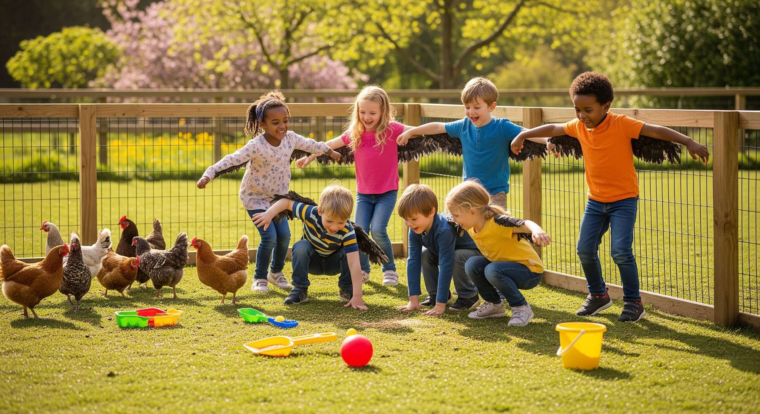 Kids playing games with backyard chickens – fun flock care activities for families