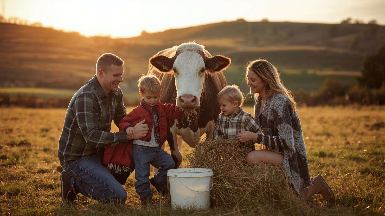 Happy family bonding with their family milk cow — daily fresh milk and homestead joy.