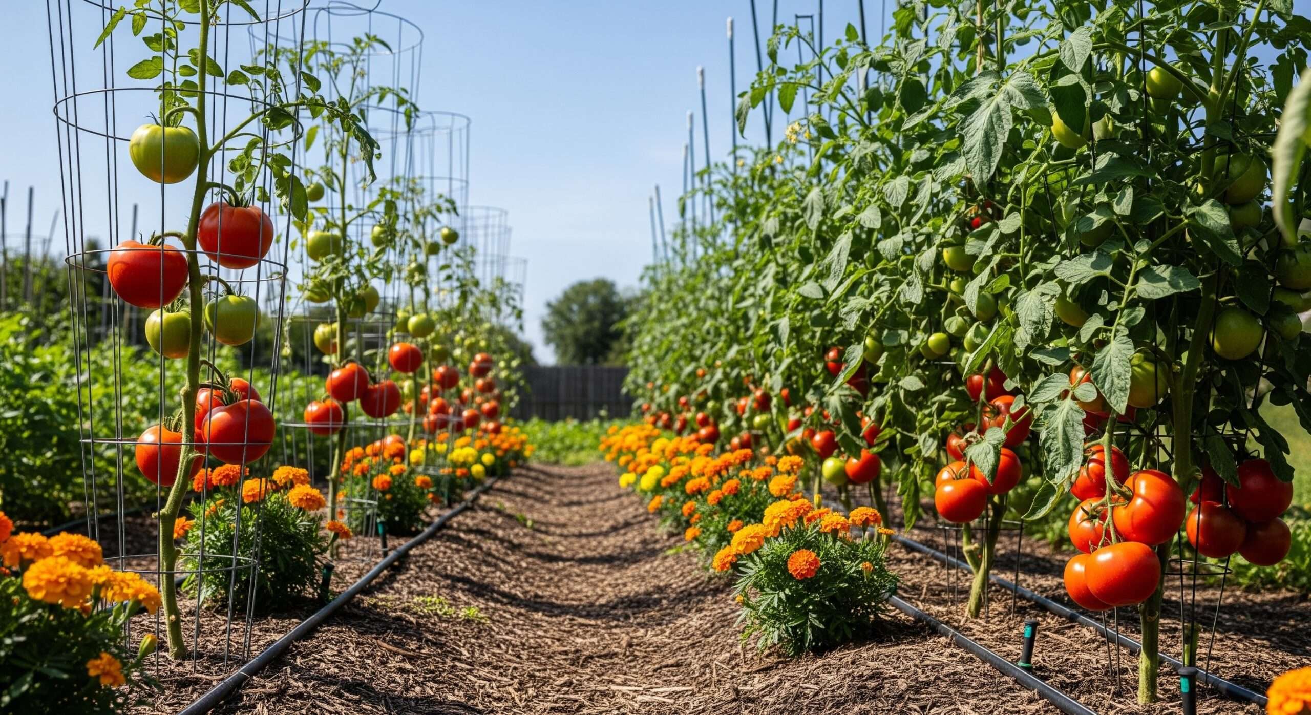 High-yield tomato garden after correct sucker pruning – indeterminate cages vs determinate bushes