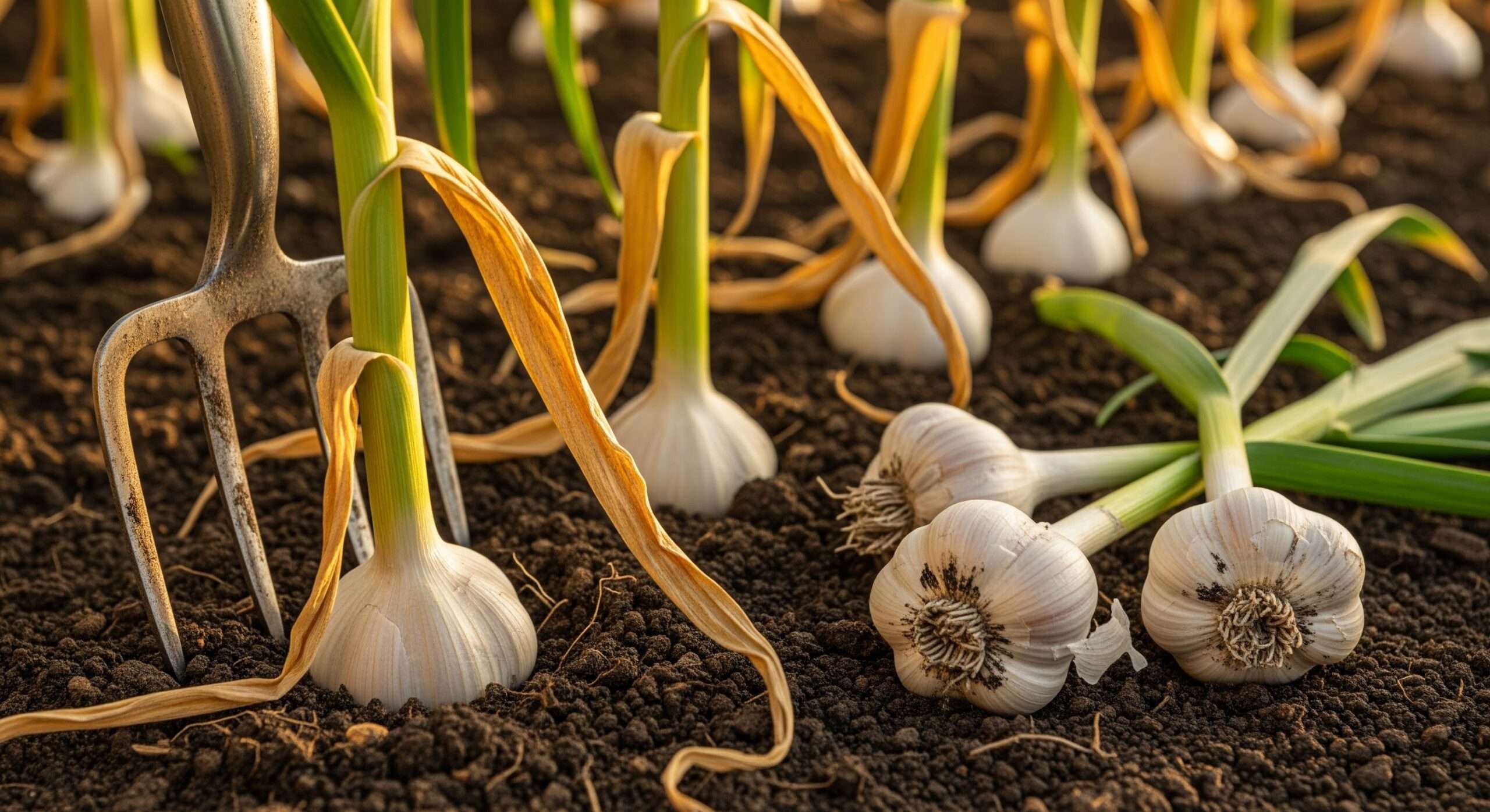 Mature garlic plant being harvested with fork – timing and techniques for best bulbs
