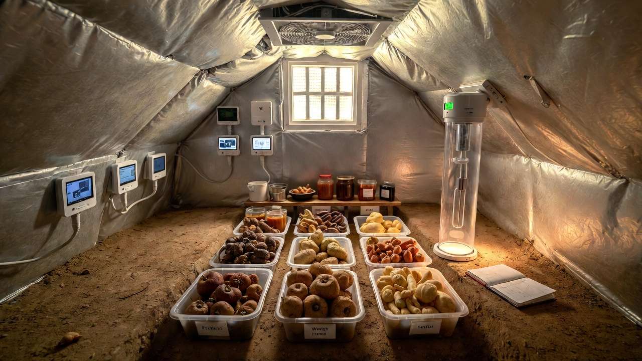 Advanced root cellar with smart sensors, fan, and humidity control – optimized 40–60°F monitoring setup