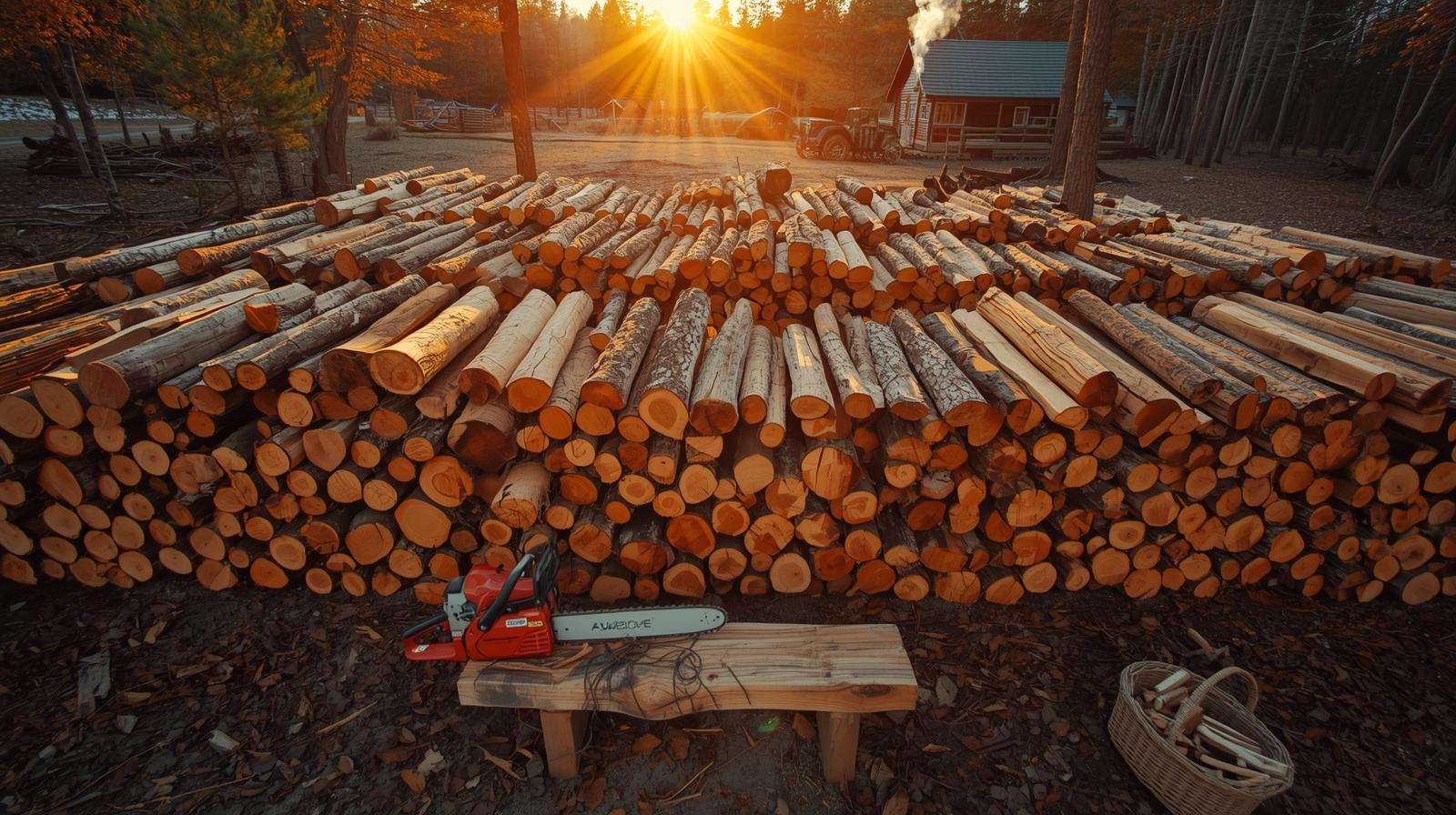 Stacked affordable firewood from mill offcuts and dead standing trees — ready for winter heat with chainsaw on the chopping block.