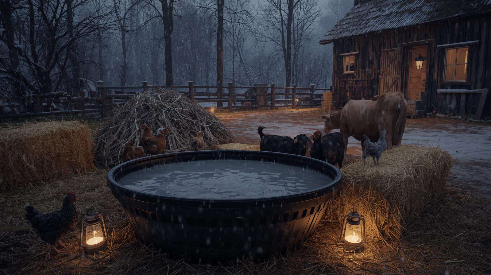Successful no-electricity winter water hacks in action — livestock drinking unfrozen water from insulated black tubs on a snowy homestead.
