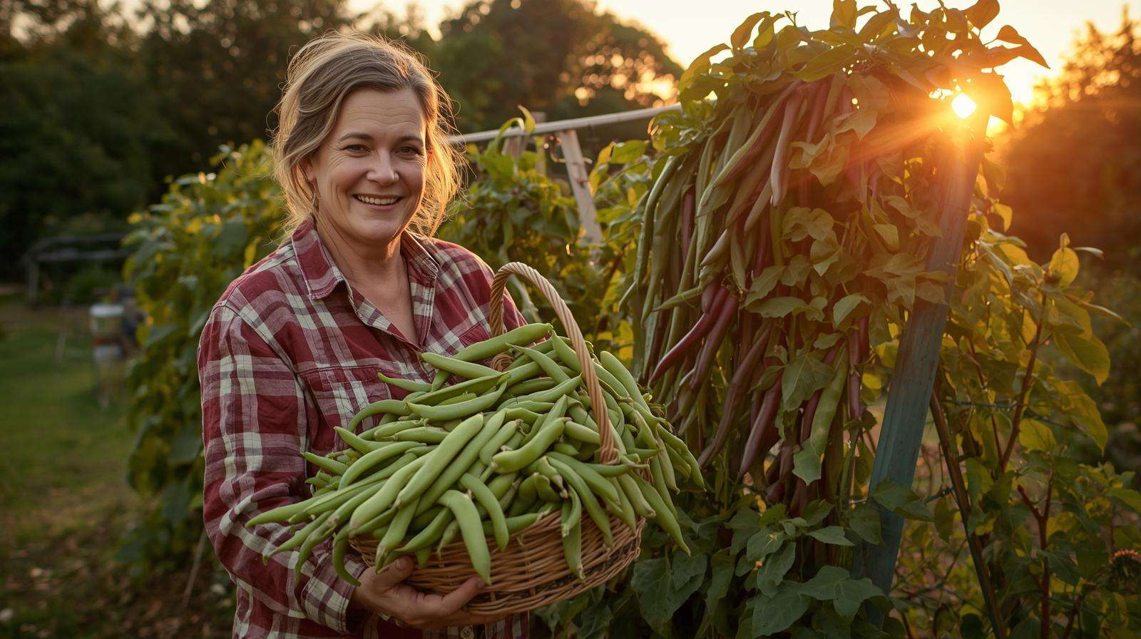 Abundant harvest from trellises for peas and beans — clean, high-yield pods ready for eating.