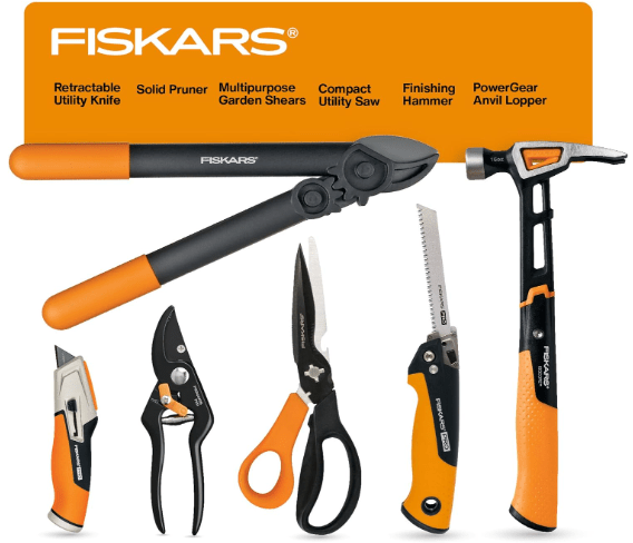 Fiskars House Essentials for New Home Tool Set, 6 Piece Kit w/Loppers, Garden Scissors, Pruners, Folding Saw, IsoCore Hammer, & Utility Knife, Indoor DIY & Outdoor Gardening, Great Housewarming Gifts