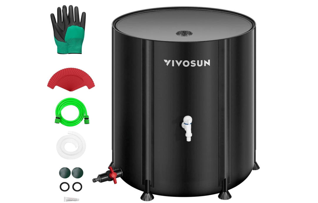 VIVOSUN Collapsible Rain Barrel, 100 Gallon Water Storage Tank with 1000D Oxford Cloth, Portable Rain Collection System Includes Two Spigots and Overflow Kit, Black

