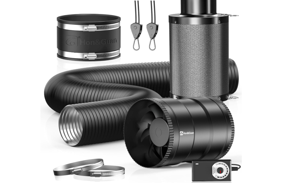 Hon&Guan 6" Air Filtration Kit: 6 Inch Inline Duct Fan with Speed Controller, 12" High Carbon Filter, 8 Ft Ducting & Rubber Coupler, Ventilation System for Grow Tents, Indoor Gardening, Hydroponics
