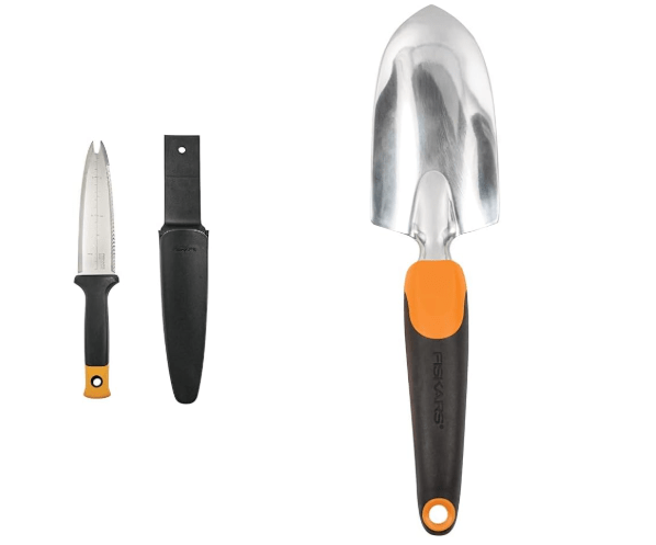 Fiskars 340130-1001 Garden Hori Knife with Sheath, Black & Ergo Gardening Hand Trowel - Ergonomic Handle Design with Hang Hole - Heavy Duty Garden Tool for Digging, Garden Edging, and Weed Removal