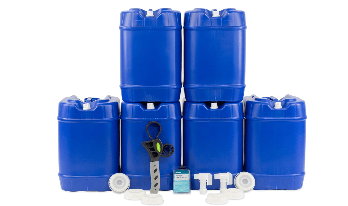 Legacy Food Storage Emergency Water Storage Containers, Long Term 5 Gallon Water Tank - 6 Stackable Food Grade Tanks Included, for Camping, Prepping, Survival - 30 Gallon Total Capacity
