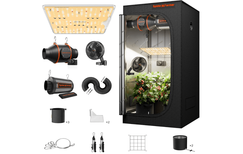 Spider Farmer Grow Tent Kit 2x2x5ft Complete System, SF1000D Bridgelux Diodes Full Spectrum LED Grow Light 24"X24"X55" Indoor 1680D Mylar Tent with 4" Ventilation System & 6'' Clip Fan
