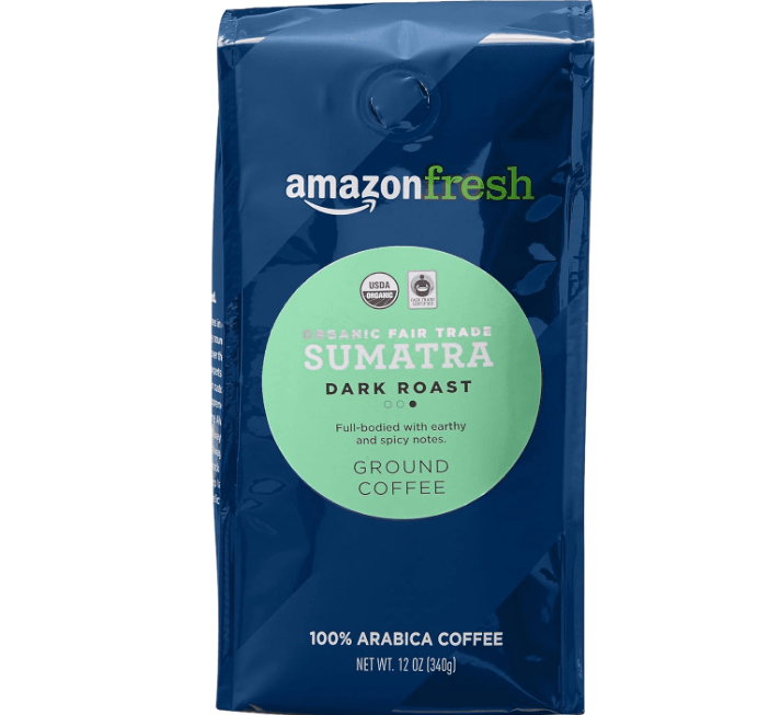Amazon Fresh Organic Fair Trade Sumatra Ground Coffee, Dark Roast, 12 Ounce
