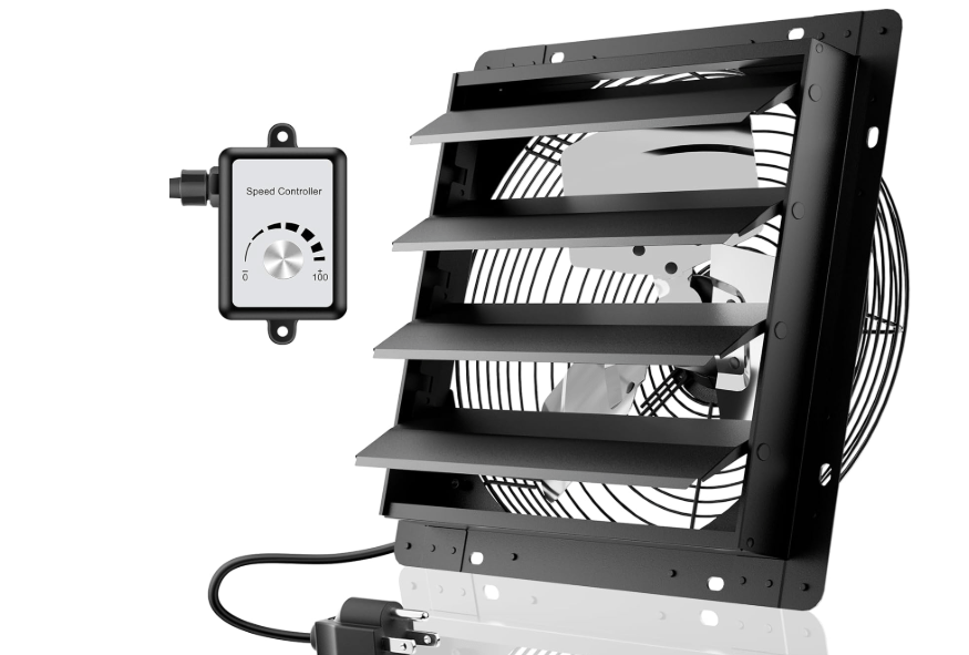 HG Power 14 Inch Attic Fan with Speed Controller, 1294 CFM Shutter Exhaust Fan with EC Motor, Wall Mounted Greenhouse Fan for Shed, Basement, Gable, Chicken Coop Ventilation Use, Black
