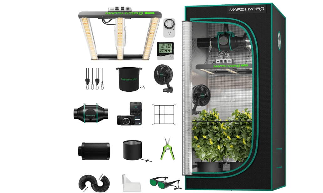 MARS HYDRO 3x3 Smart Grow Tent Kit Complete System,150W FC1500 Samsung LM301H Grow Light,App Dimming Control,1680D High Reflective Mylar,with Smart WiFi App Control Ventilation System,10 Speed Fan
