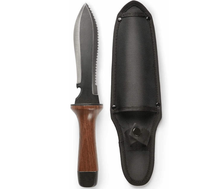 Hori Hori Garden Knife, Traditional Japanese Weeding Tool with ergonomic wooden handle. Large 7'inch blade with case. (Standard blade)
