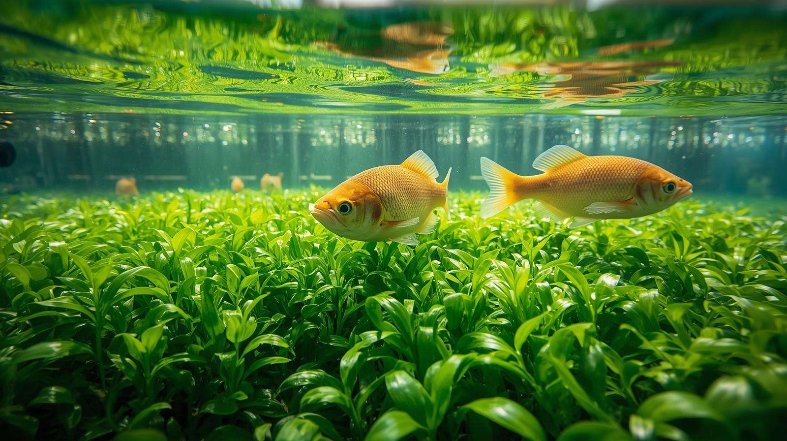 Healthy fish and plants thriving together in a balanced aquaponics system