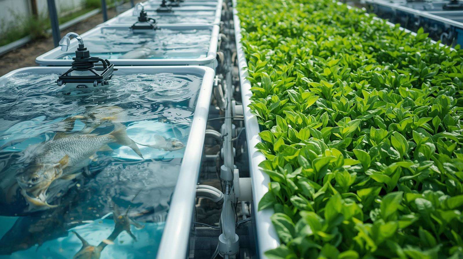 Aquaponics system showing fish, plants, and water circulation in a closed-loop setup