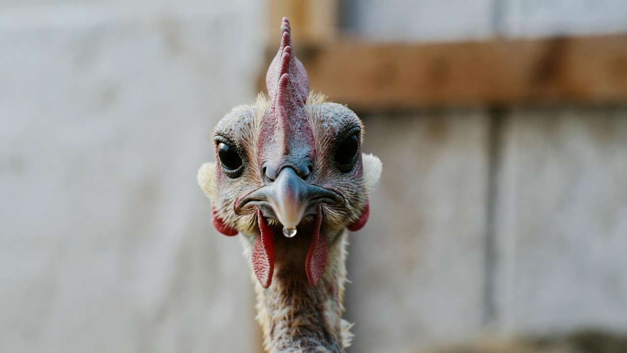 Chicken displaying swollen head, wattles, and respiratory signs of avian influenza infection.