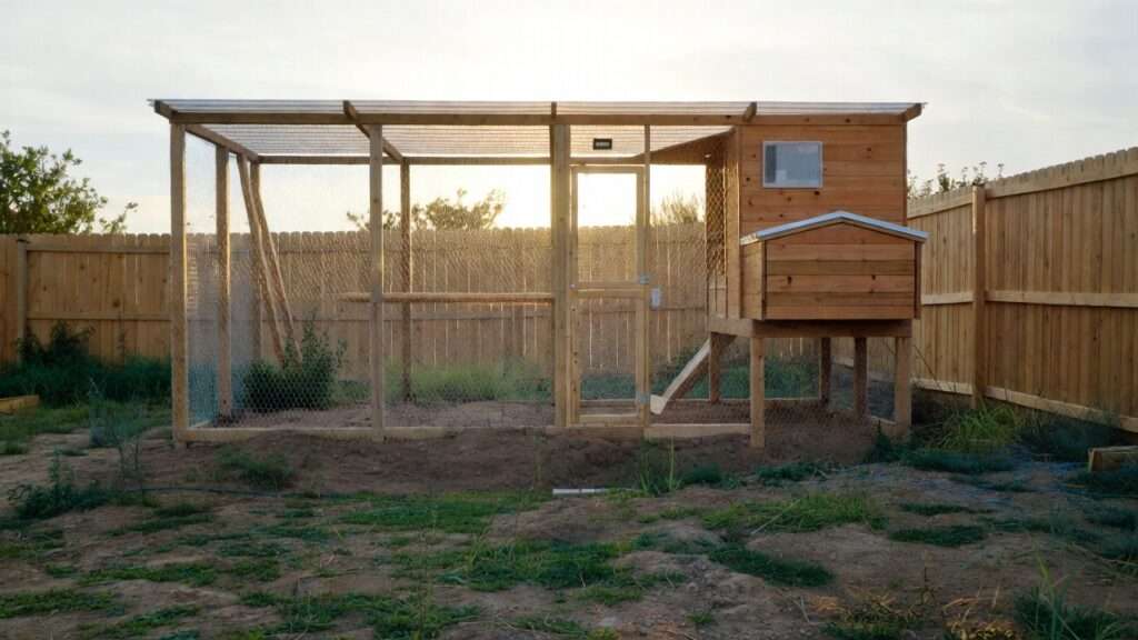 Secure permaculture chicken coop with hardware cloth apron and anti-dig protection against coyotes foxes dogs