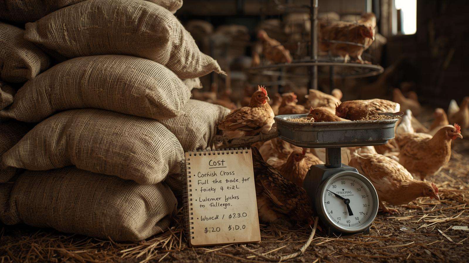 Stacked feed bags and broilers – meat chicken economics cost breakdown