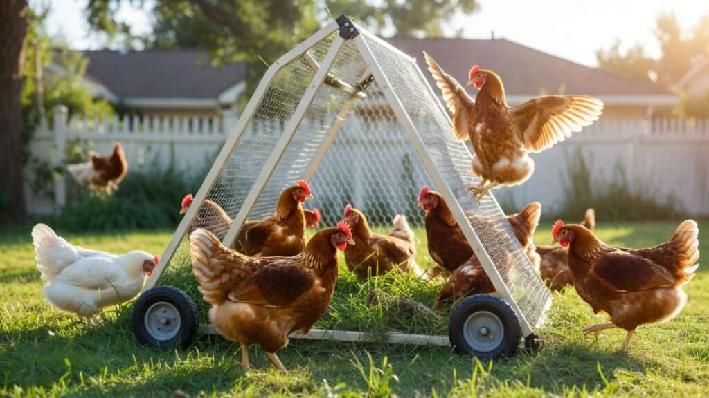 Mobile chicken tractor on green suburban lawn with foraging hens demonstrating yard rotation benefits