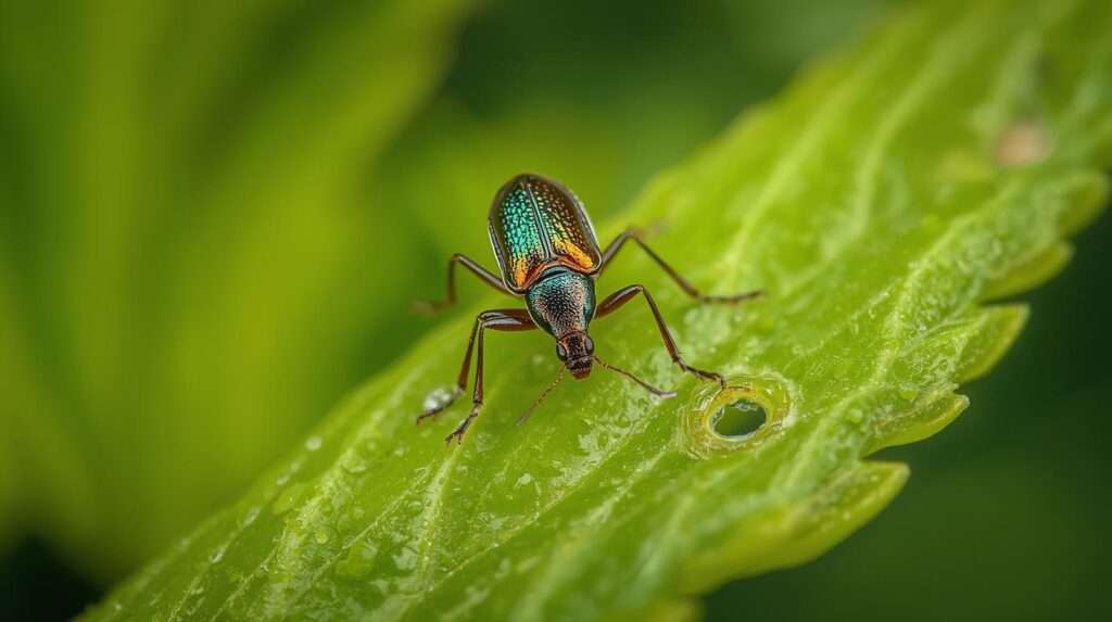Small brown flea beetle on damaged vegetable leaf showing shot-hole feeding injury