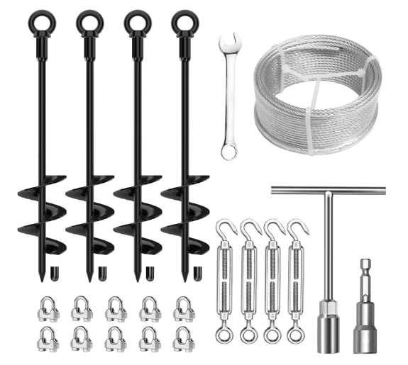 4 Pcs 18" Fully Welded Ground Anchors Shed Anchors Kit with 1/8" Galvanized Cable & Turnbuckles & Carabiners, Heavy Duty Earth Anchors for Sheds Trees Trampoline Greenhouse Swing Set Tent 