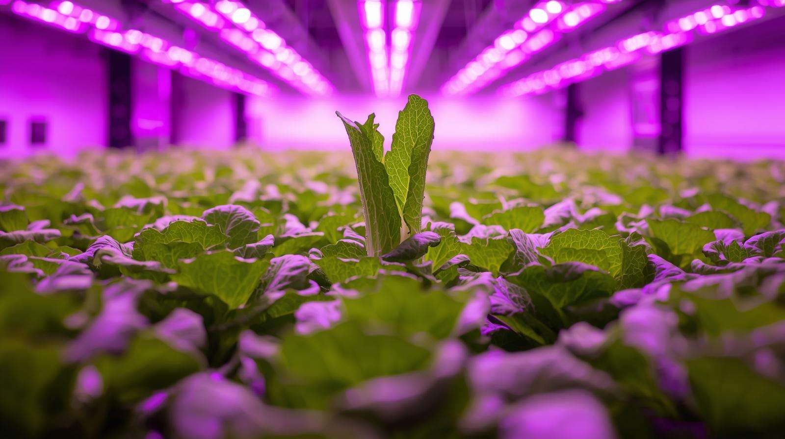 Early signs of lettuce bolting indoors under LED grow lights showing elongated central stem