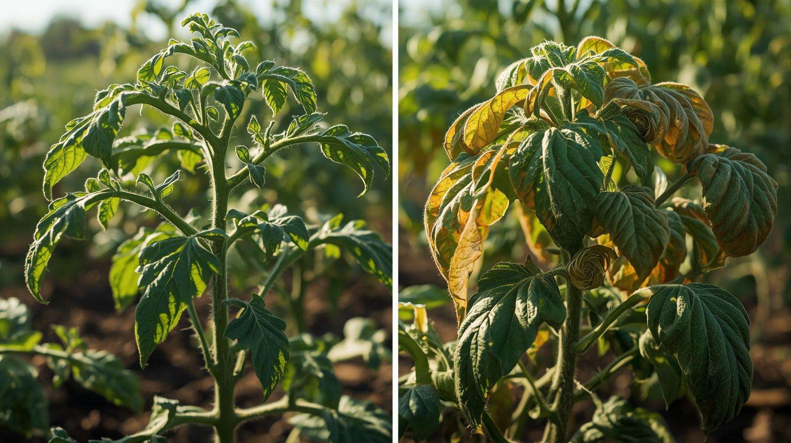Healthy vs heat-stressed tomato plants showing wilting and leaf curling symptoms