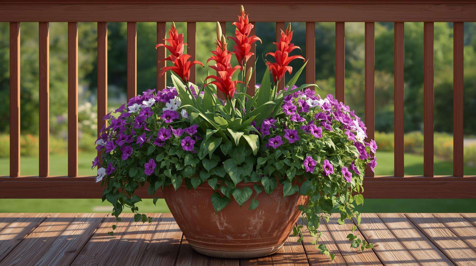 Thriller filler spiller container garden example with canna lilies petunias and sweet potato vines