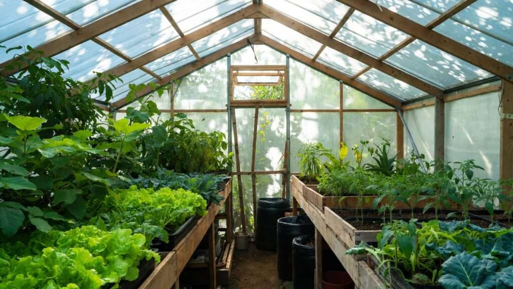 Interior of sustainable permaculture greenhouse with benches, thermal mass barrels, ventilation, and starter plants like lettuce and tomatoes in humid climate