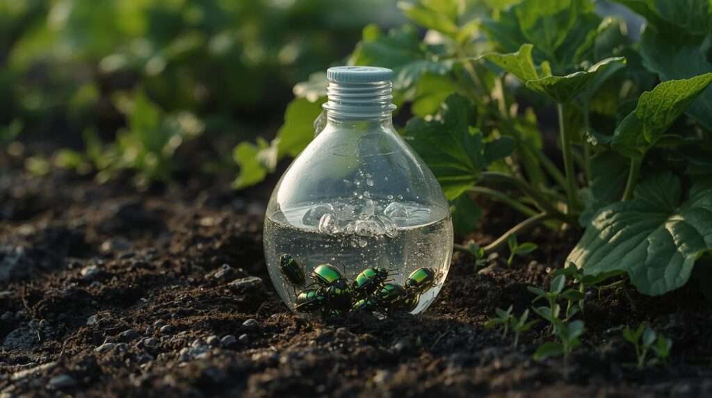 Homemade DIY Japanese beetle trap using plastic bottle and soapy water in garden for natural pest control