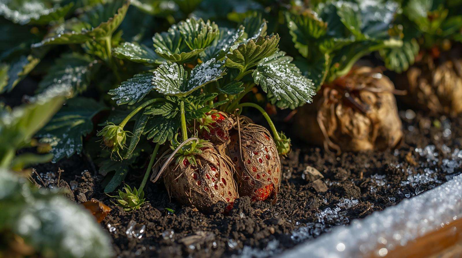 Strawberry plants with winter heaving and root exposure – challenges in helping strawberries survive winter