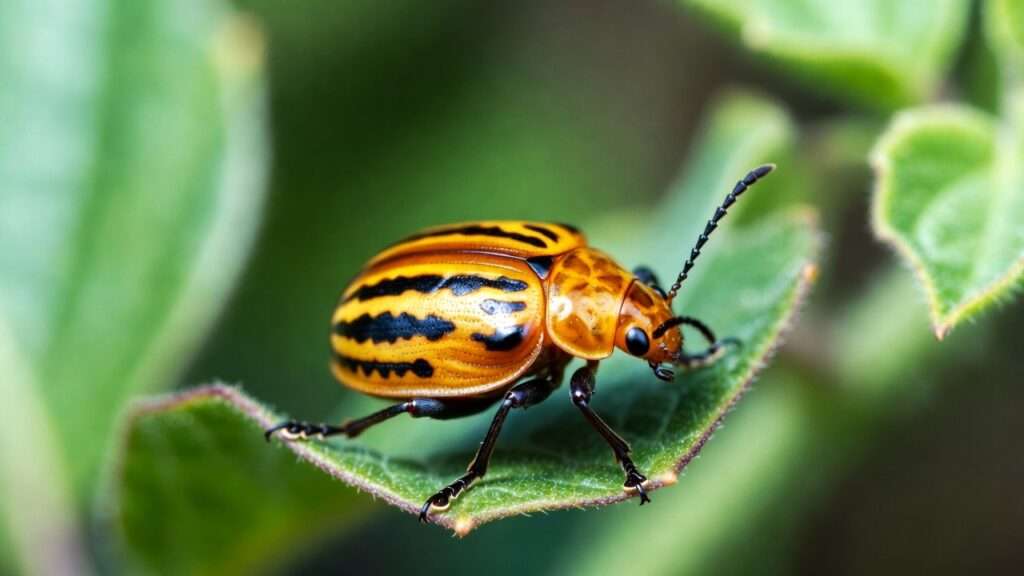 Close-up of adult Colorado potato beetle on potato leaf for identification in organic pest control.