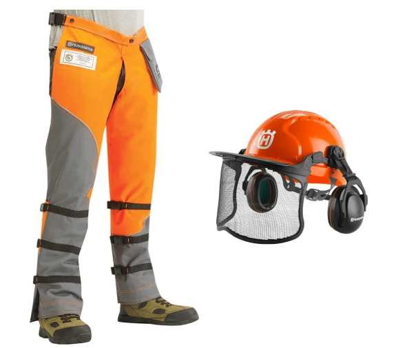 Husqvarna Chainsaw Protective Apron Wrap Chaps and Functional Pro Forest Chainsaw Helmet Bundle